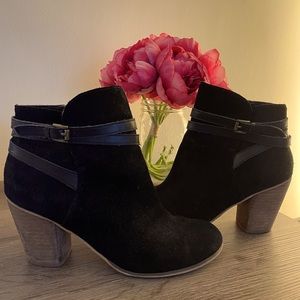 Black suede booties with wood heel